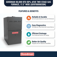 Goodman 80,000 BTU Gas Furnace 80% AFUE Two-Stage, 17.5" Wide, Upflow/Horizontal