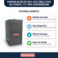 Goodman 80,000 BTU Gas Furnace 80% AFUE Single Stage, 17.5" Wide, Upflow/Horizontal
