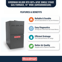 Goodman 60,000 BTU Gas Furnace 80% AFUE Single-Stage, 14" Wide, Upflow/Horizontal