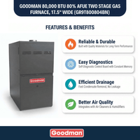 Goodman 80,000 BTU 80% AFUE Two Stage Gas Furnace, Upflow/Horizontal, 17.5" Wide