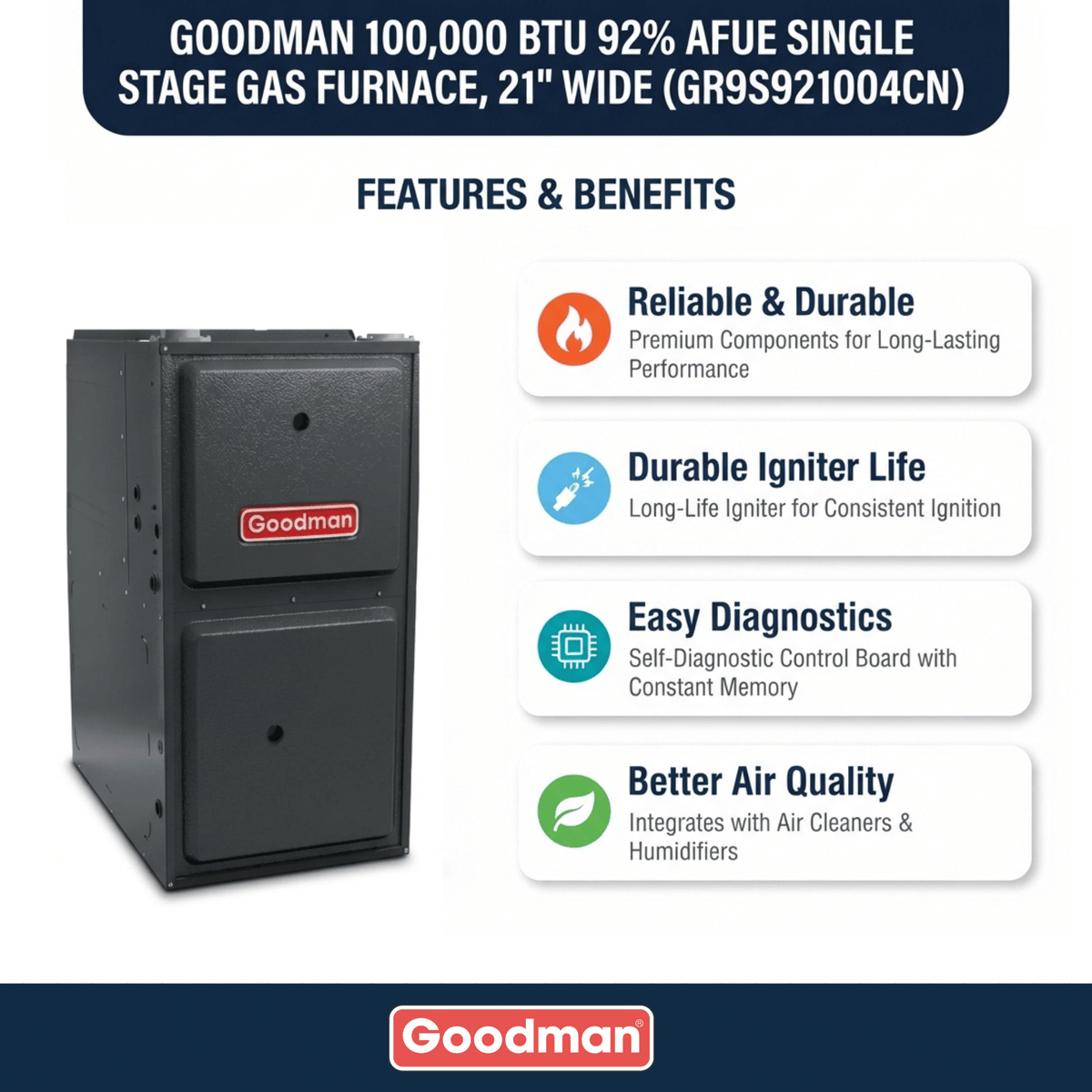 Goodman 100,000 BTU Gas Furnace 92% AFUE Single-Stage, 21" Wide, Upflow/Horizontal