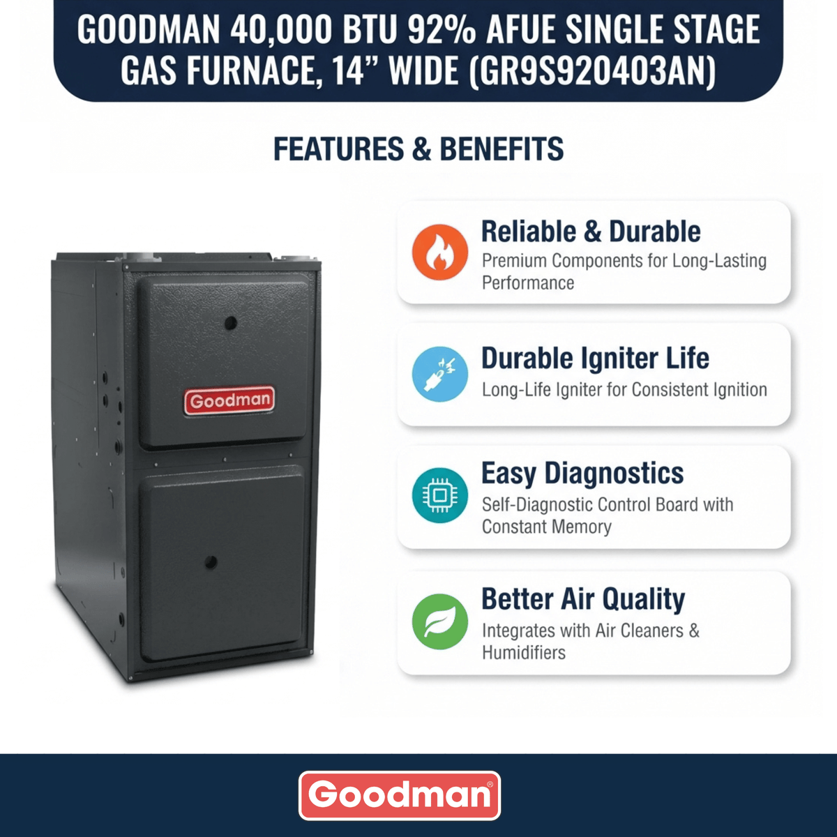 Goodman 40,000 BTU Gas Furnace 92% AFUE Single-Stage, 14" Wide, Upflow/Horizontal