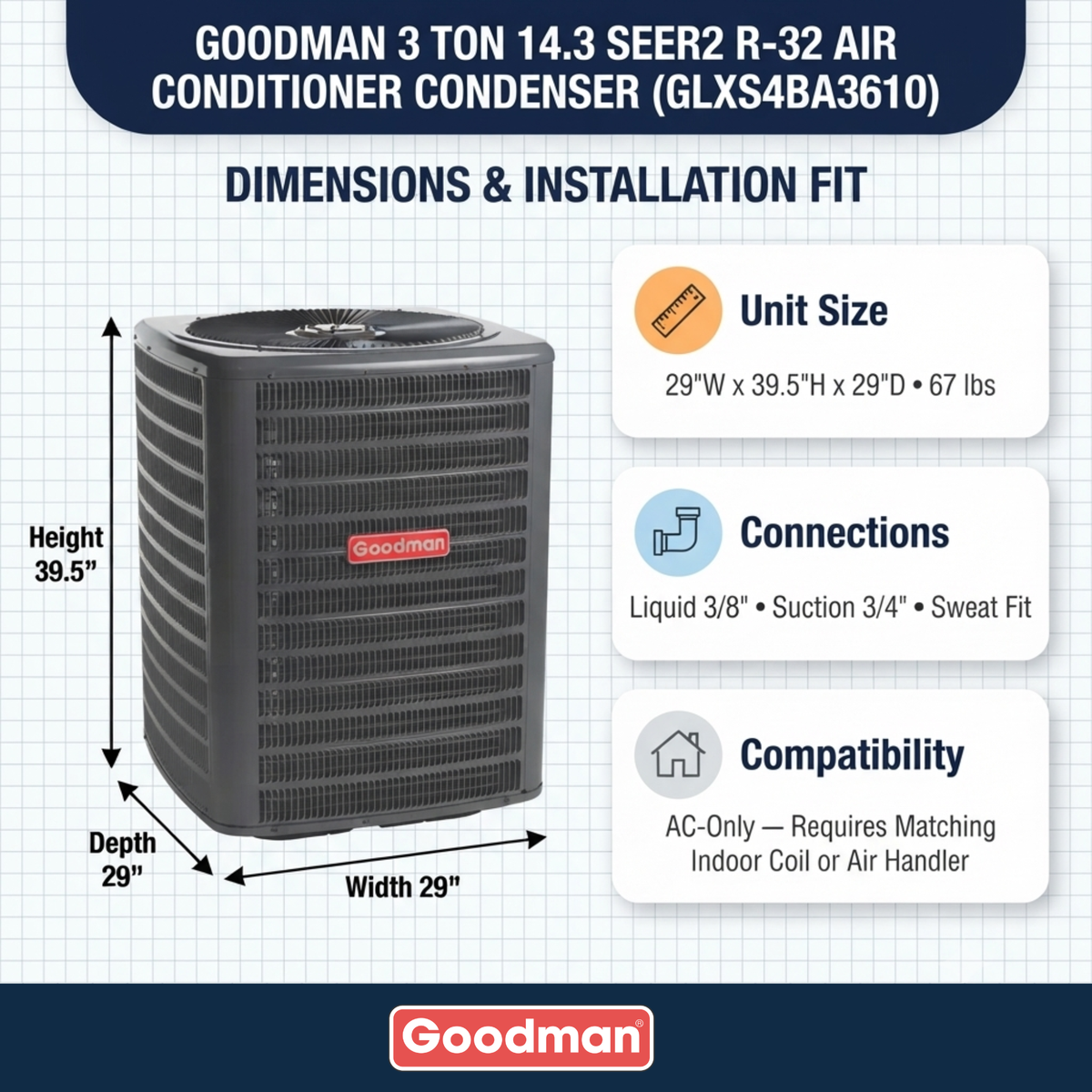 Goodman 3 Ton AC Condenser Unit 14.3 SEER2, R32
