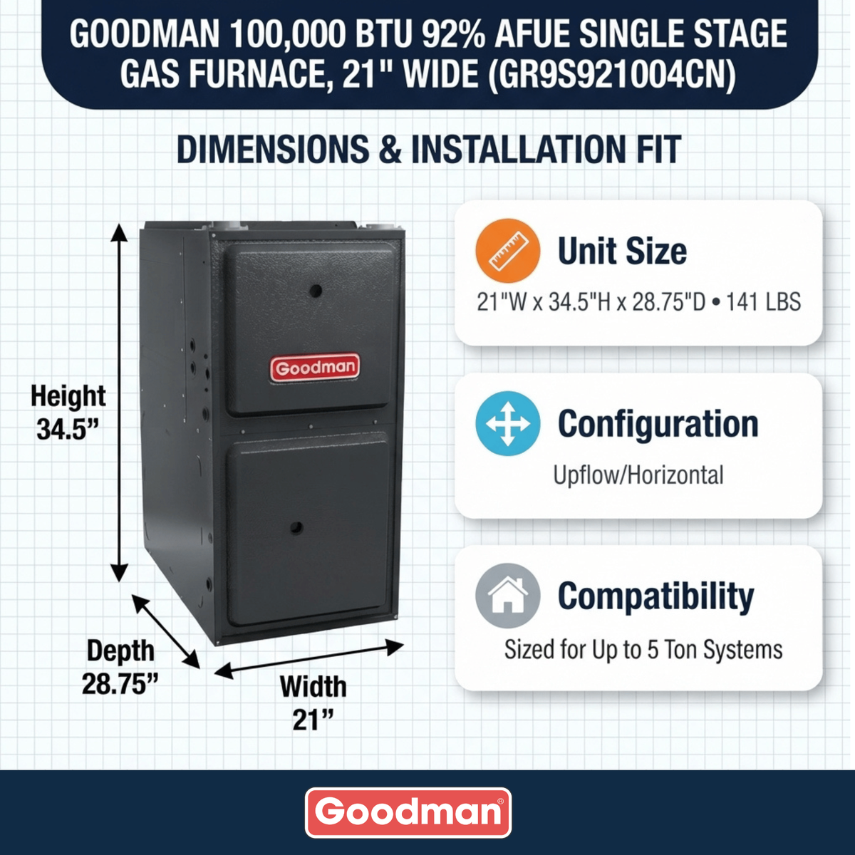 Goodman 100,000 BTU Gas Furnace 92% AFUE Single-Stage, 21" Wide, Upflow/Horizontal
