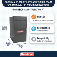 Goodman 60,000 BTU Gas Furnace 80% AFUE Single-Stage, 14" Wide, Upflow/Horizontal