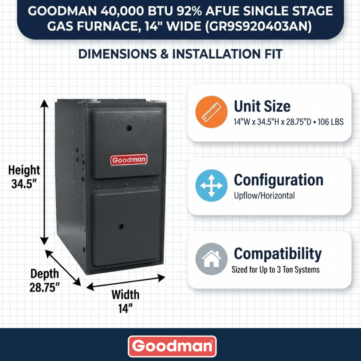 Goodman 40,000 BTU Gas Furnace 92% AFUE Single-Stage, 14" Wide, Upflow/Horizontal