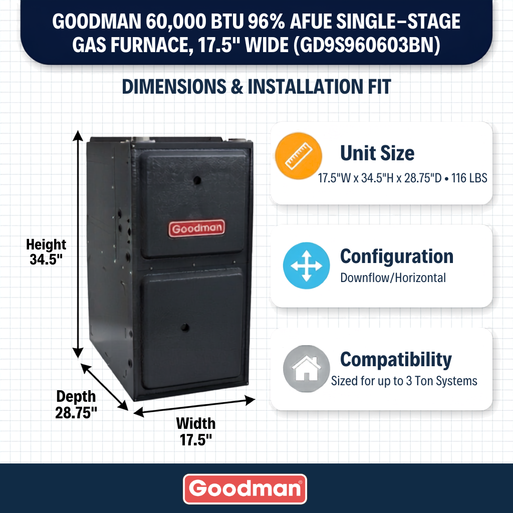 Goodman 60,000 BTU Gas Furnace 96% AFUE Single-Stage, 17.5 Wide, Downflow/Horizontal