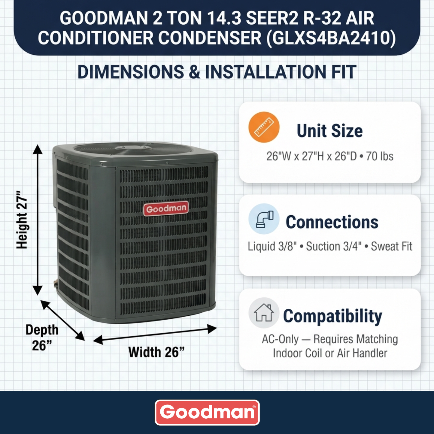 Goodman 2 Ton 14.3 SEER2 R-32 Air Conditioner Condenser