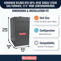 Goodman 80,000 BTU Gas Furnace 80% AFUE Single Stage, 17.5" Wide, Upflow/Horizontal