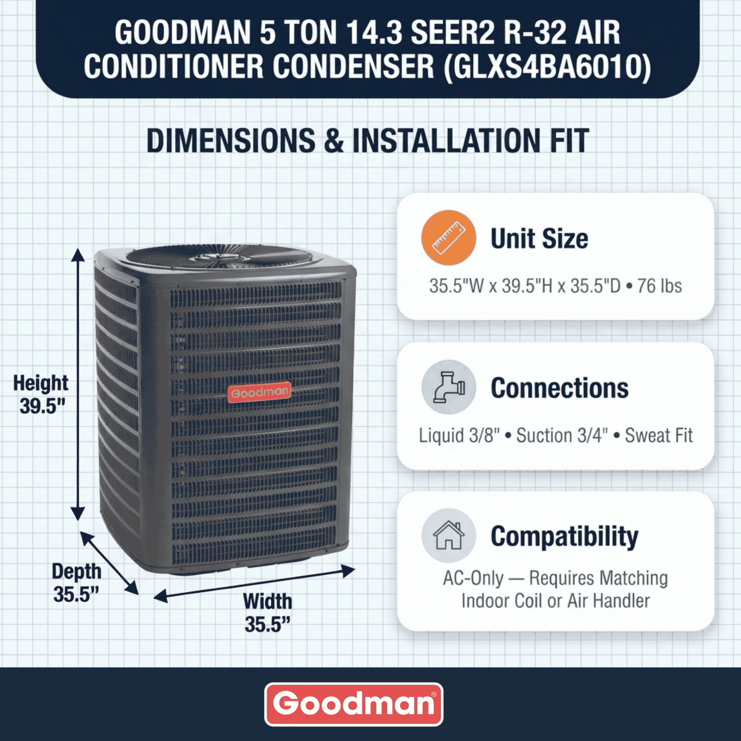 Goodman 5 Ton 14.3 SEER2 R-32 Air Conditioner Condenser