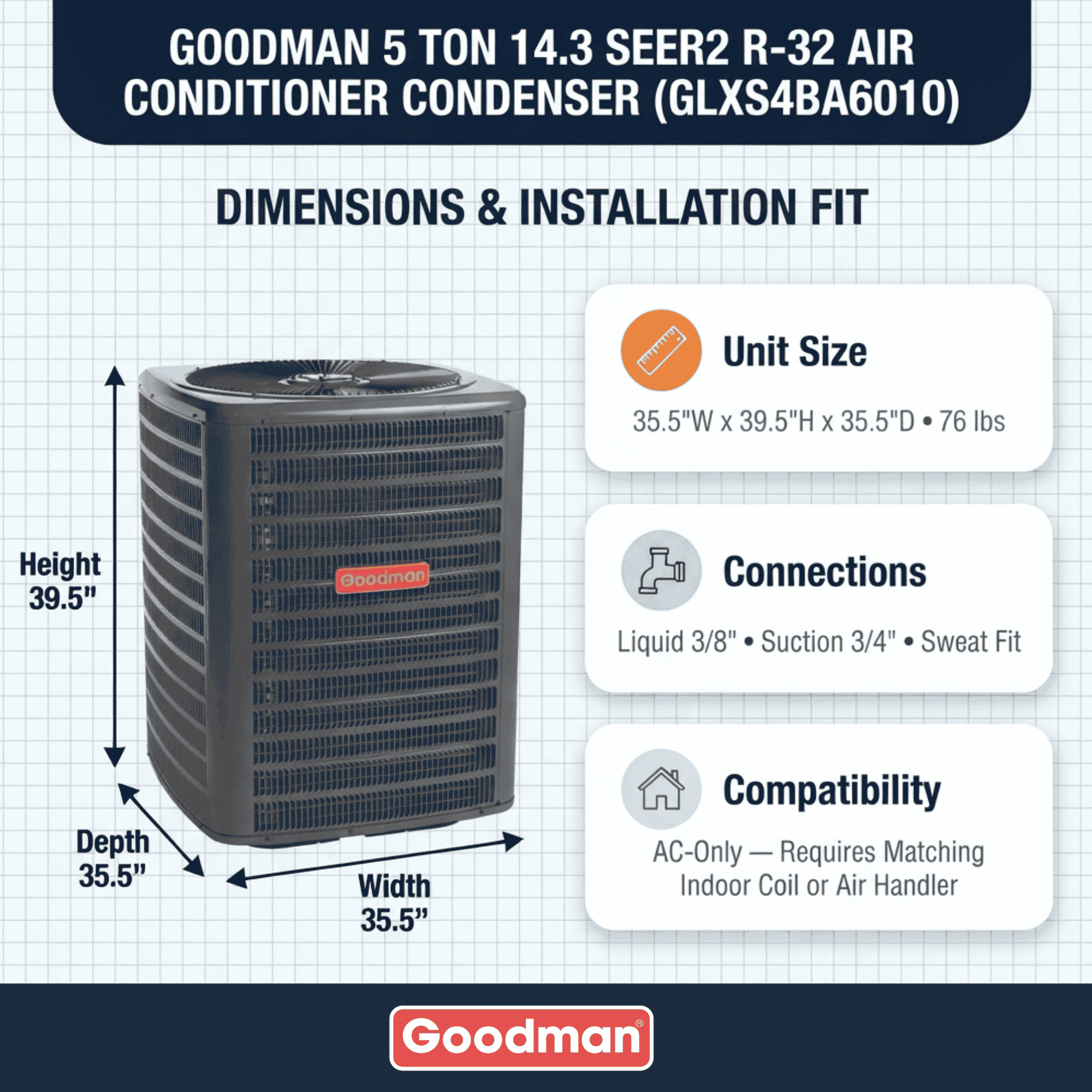 Goodman 5 Ton 14.3 SEER2 R-32 Air Conditioner Condenser