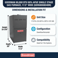 Goodman 80,000 BTU Gas Furnace 80% AFUE Single-Stage, 17.5" Wide, Downflow/Horizontal