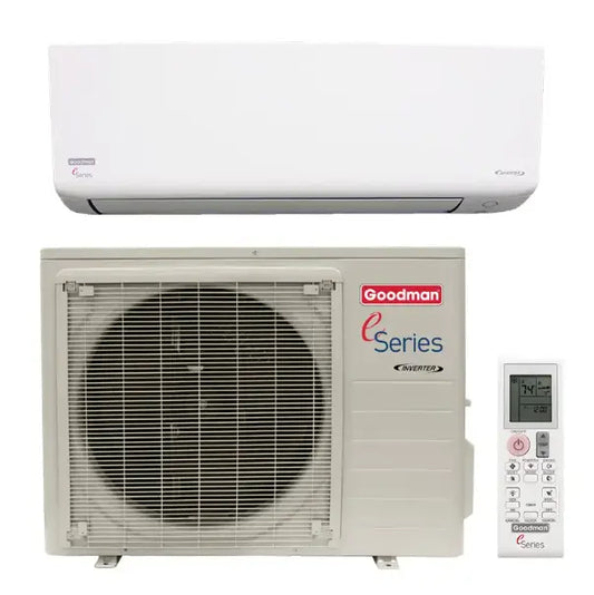 Goodman E Series mini split system with 12,000 BTU inverter condenser and air handler, includes remote control for easy operation.