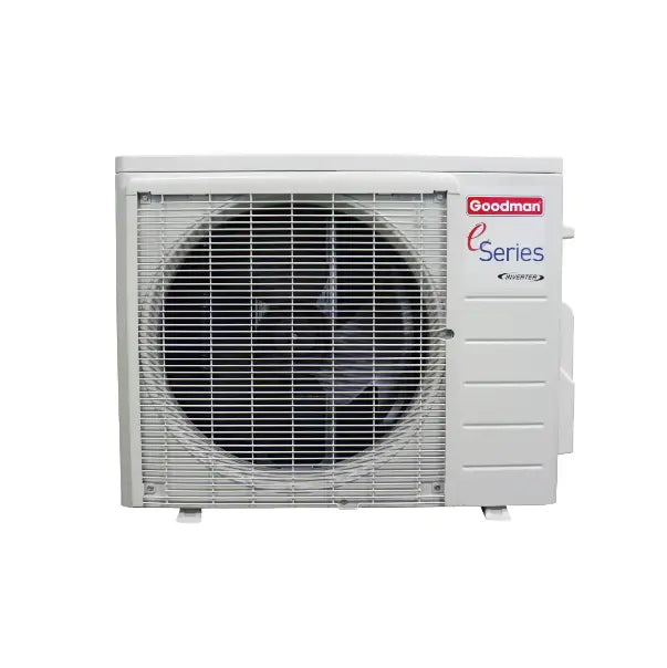 Goodman 9,000 BTU inverter mini split heat pump condenser for efficient heating and cooling.