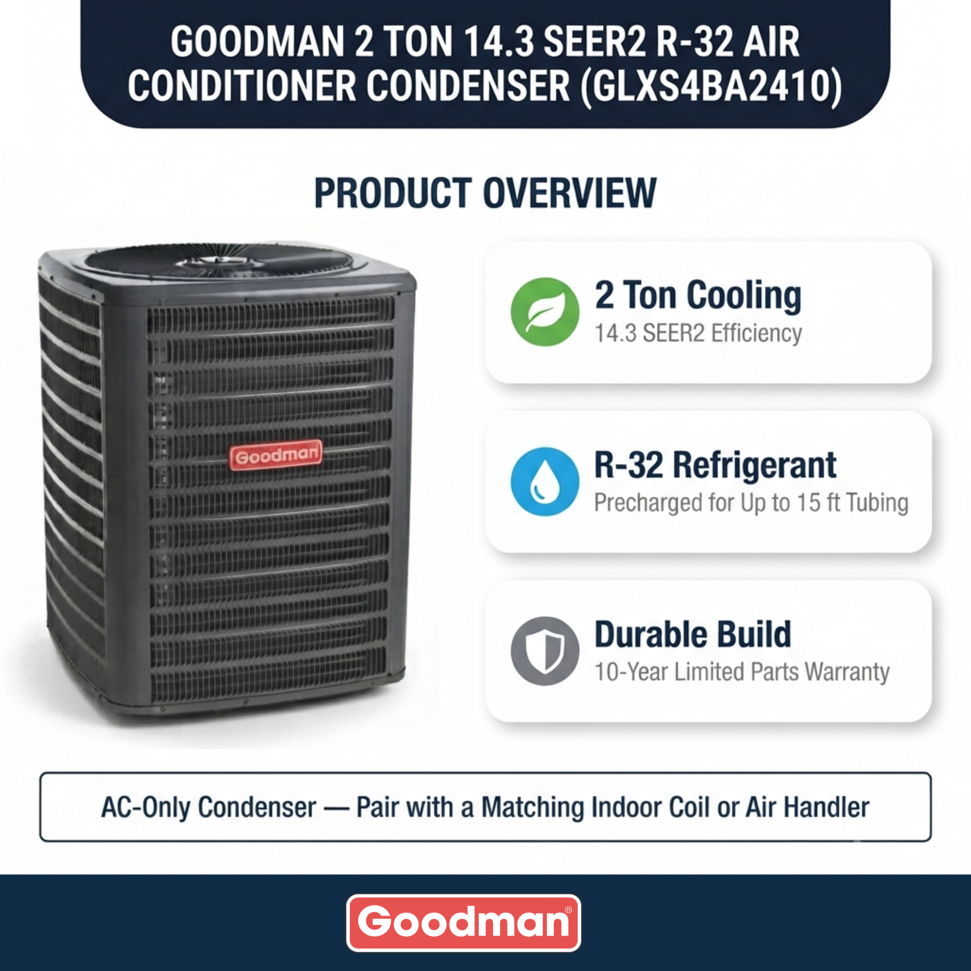 Goodman 2 Ton 14.3 SEER2 R-32 Air Conditioner Condenser