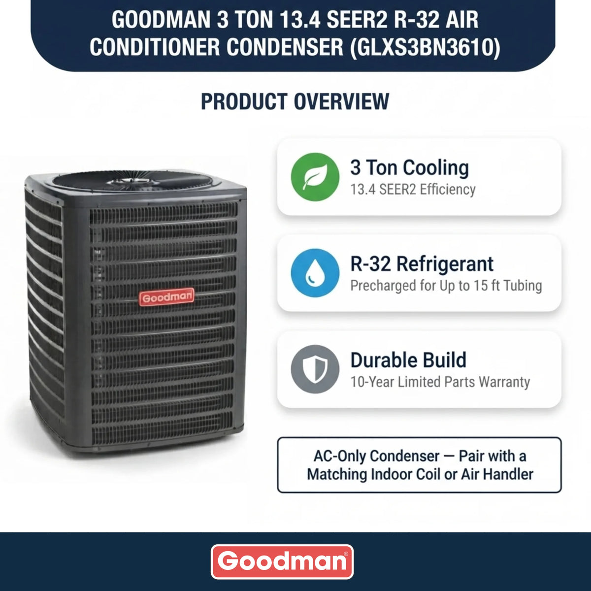 Goodman 3 Ton AC Condenser Unit 13.4 SEER2, R32