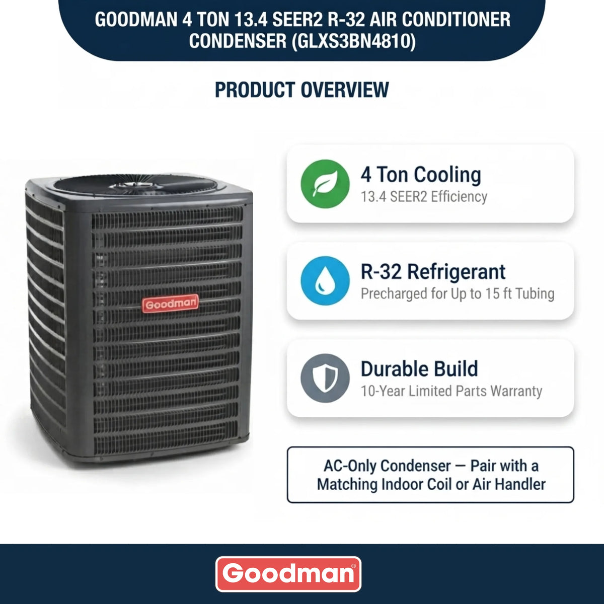 Goodman 4 Ton AC Condenser Unit 13.4 SEER2, R32