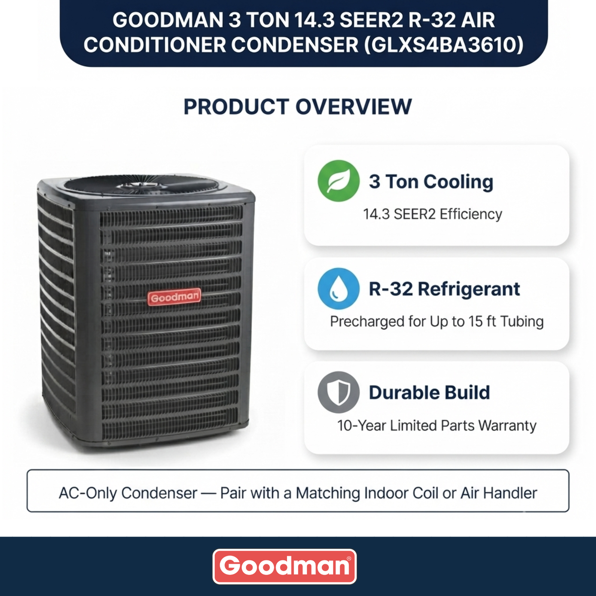 Goodman 3 Ton AC Condenser Unit 14.3 SEER2, R32