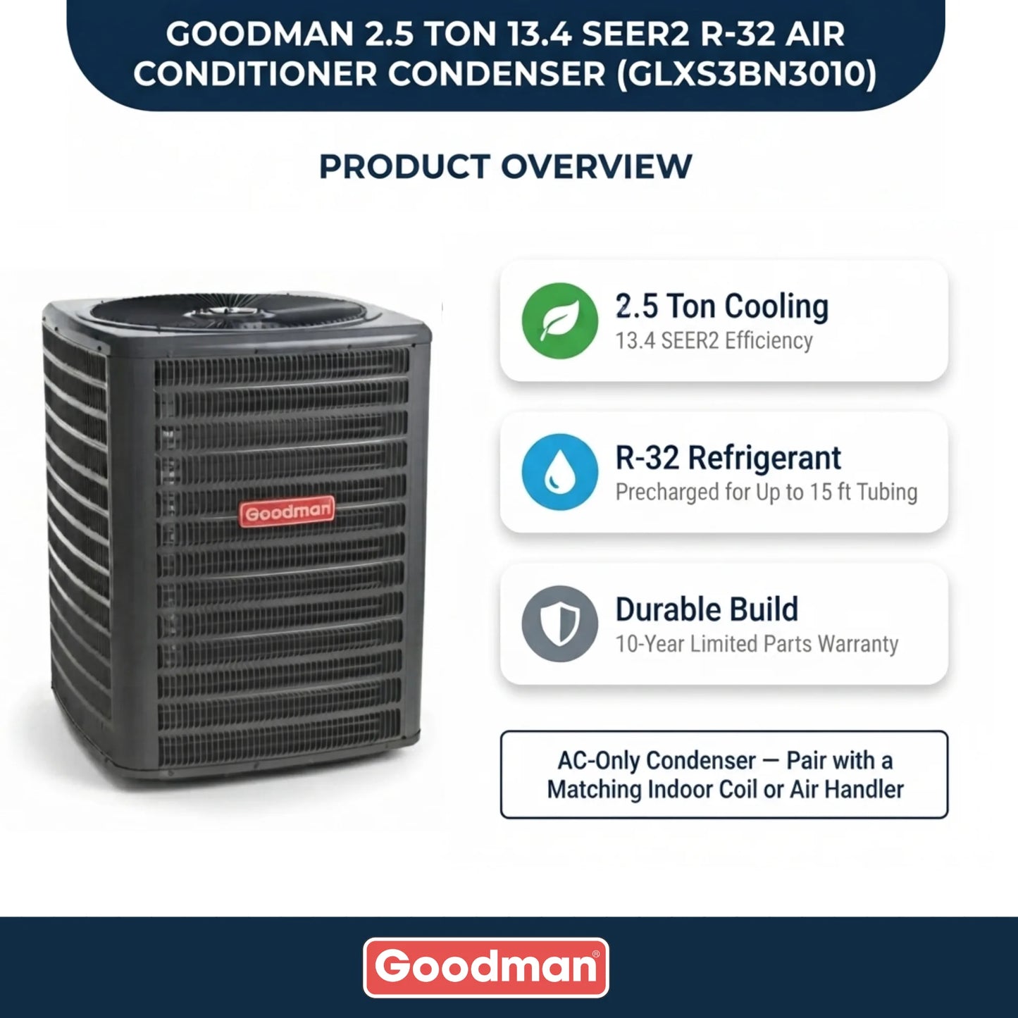 Goodman 2.5 Ton 13.4 SEER2 R-32 Air Conditioner Condenser