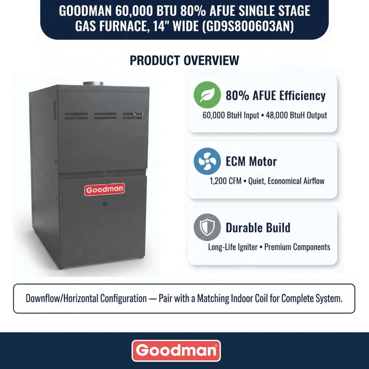 Goodman 60,000 BTU Gas Furnace 80% AFUE Single-Stage, 14" Wide, Downflow/Horizontal