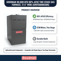 Goodman 80,000 BTU Gas Furnace 80% AFUE Two-Stage, 17.5" Wide, Upflow/Horizontal