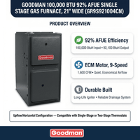 Goodman 100,000 BTU Gas Furnace 92% AFUE Single-Stage, 21" Wide, Upflow/Horizontal