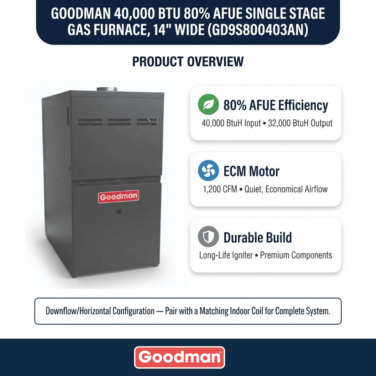 Goodman 40,000 BTU Gas Furnace 80% AFUE Single-Stage, 14" Wide, Downflow/Horizontal