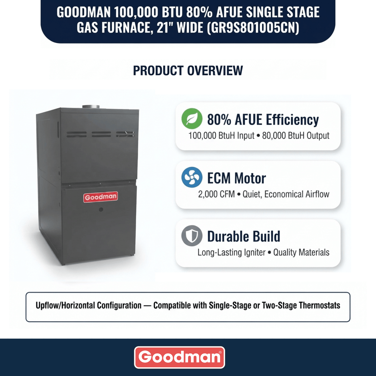 Goodman 100,000 BTU Gas Furnace 80% AFUE Single Stage, 21" Wide, Upflow/Horizontal