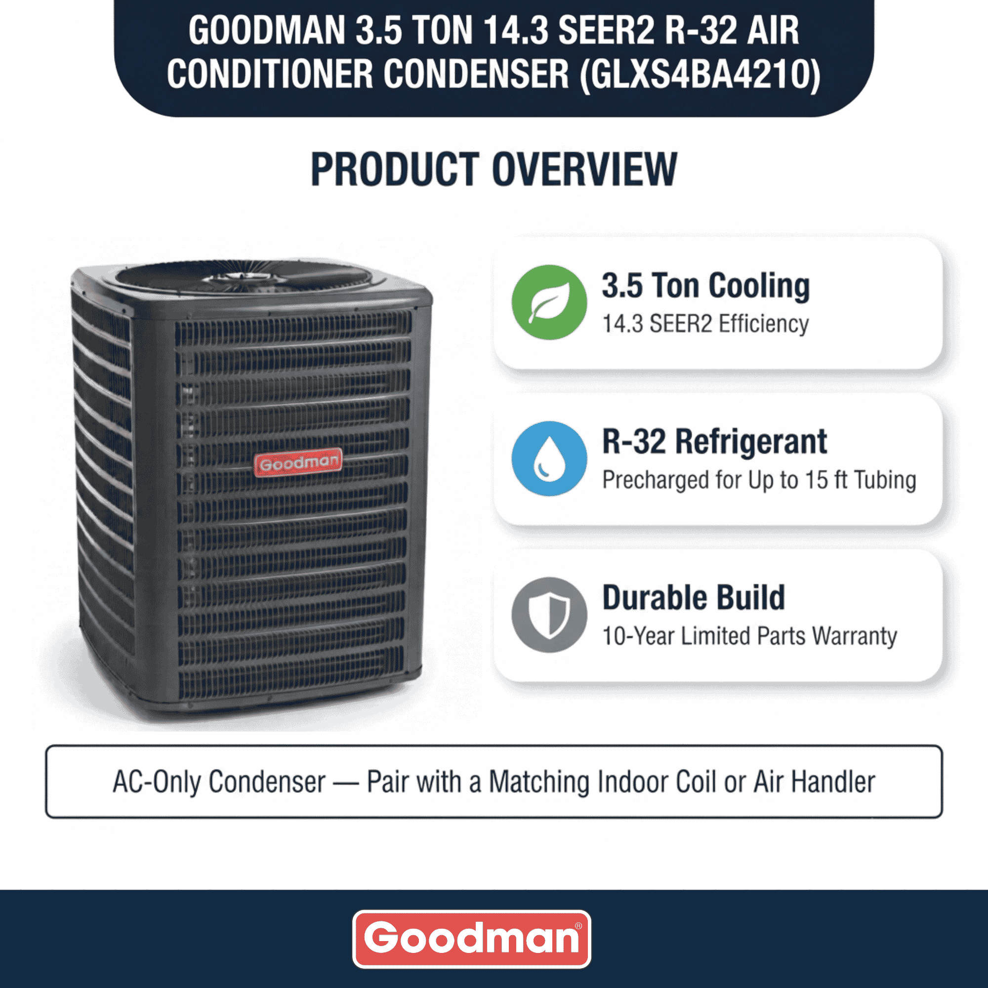 Goodman 3.5 Ton 14.3 SEER2 R-32 Air Conditioner Condenser