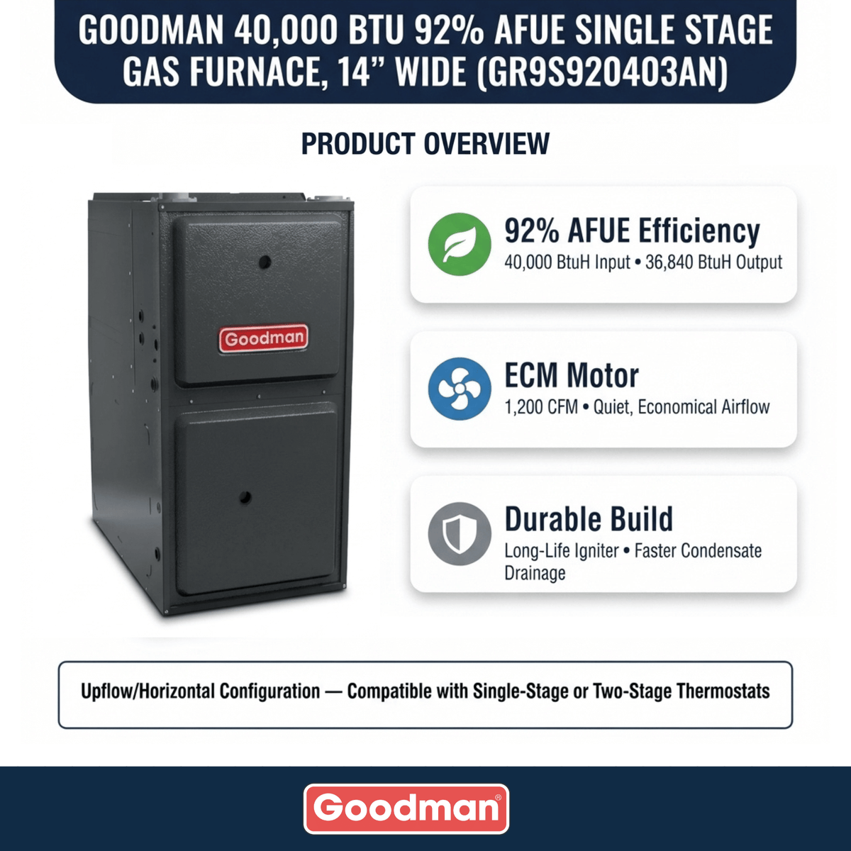 Goodman 40,000 BTU Gas Furnace 92% AFUE Single-Stage, 14" Wide, Upflow/Horizontal