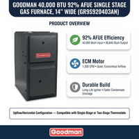 Goodman 40,000 BTU Gas Furnace 92% AFUE Single-Stage, 14" Wide, Upflow/Horizontal