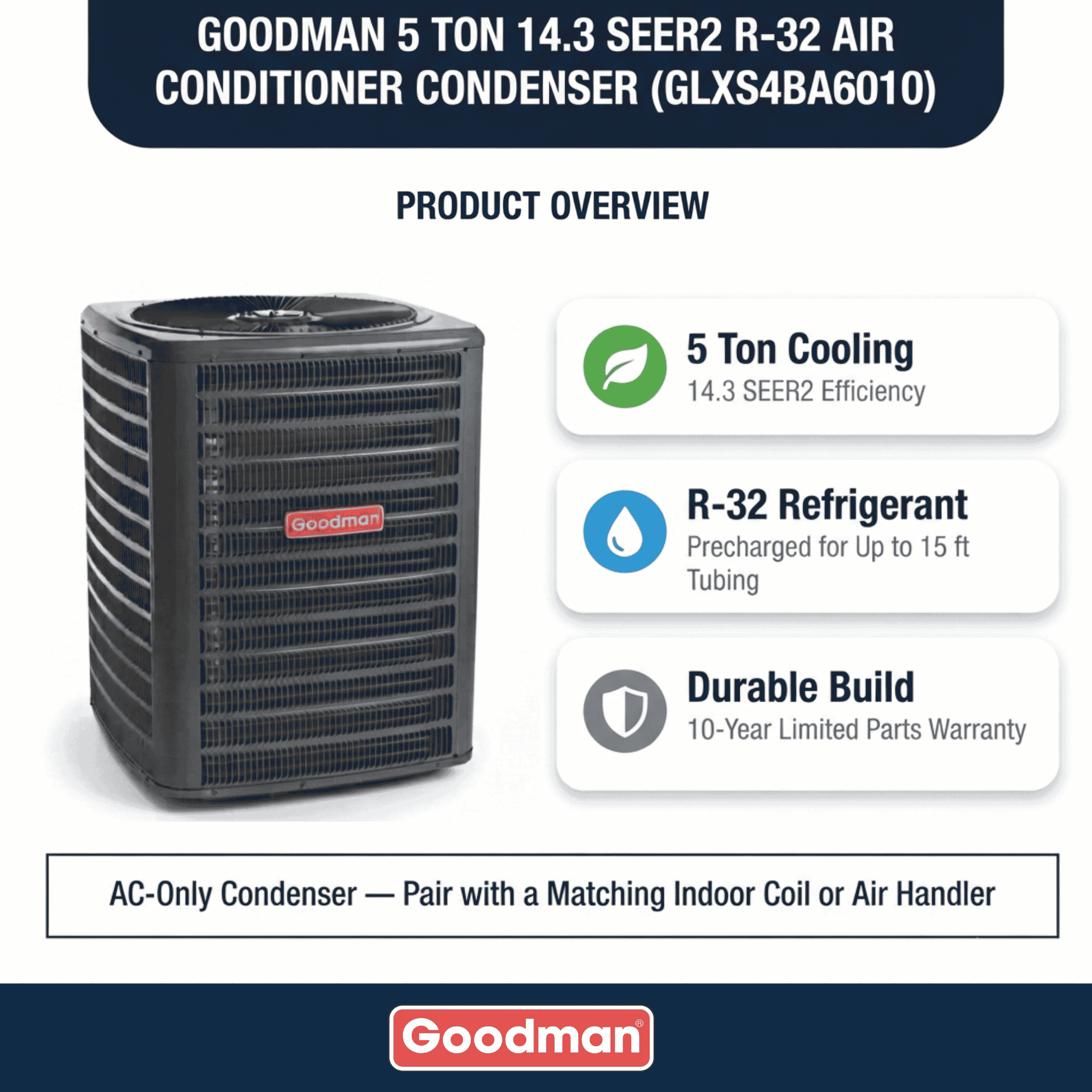 Goodman 5 Ton 14.3 SEER2 R-32 Air Conditioner Condenser