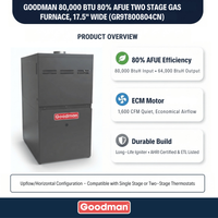 Goodman 80,000 BTU 80% AFUE Two Stage Gas Furnace, Upflow/Horizontal, 21" Wide