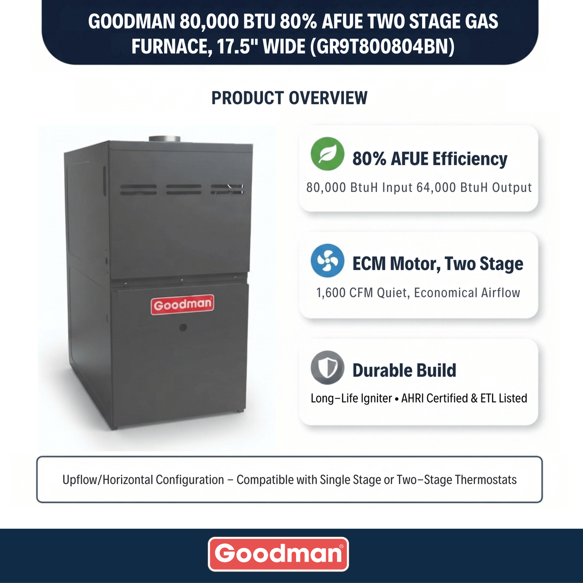 Goodman 80,000 BTU 80% AFUE Two Stage Gas Furnace, Upflow/Horizontal, 17.5" Wide