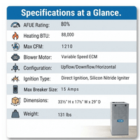 ACiQ 80,000 BTU Gas Furnace 80% AFUE Single-Stage, 17.5" Wide, Multi-Positional