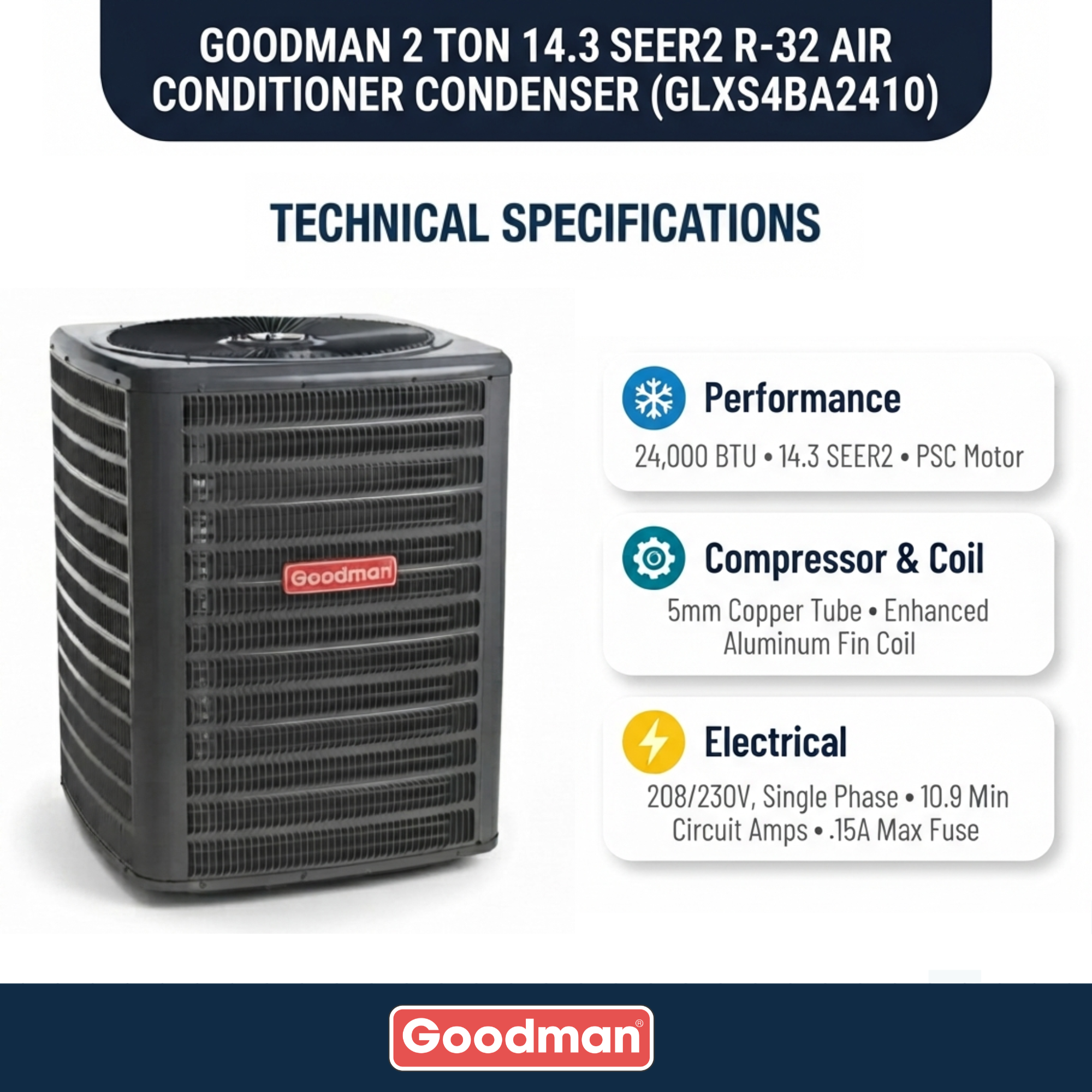 Goodman 2 Ton 14.3 SEER2 R-32 Air Conditioner Condenser