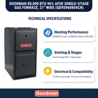 Goodman 80,000 BTU Gas Furnace 96% AFUE Single-Stage, 21" Wide, Downflow/Horizontal