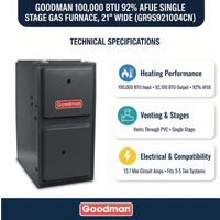 Goodman 100,000 BTU Gas Furnace 92% AFUE Single-Stage, 21" Wide, Upflow/Horizontal