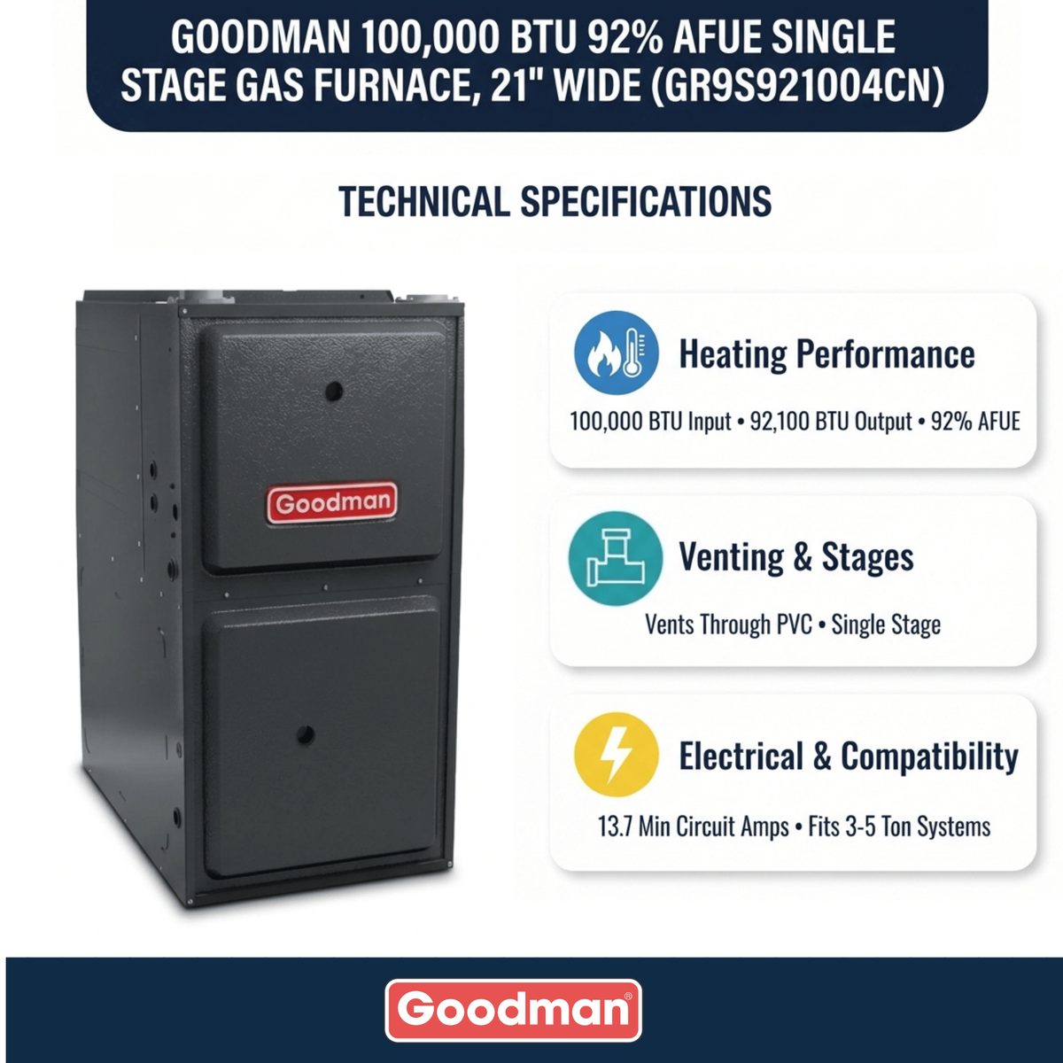 Goodman 100,000 BTU Gas Furnace 92% AFUE Single-Stage, 21" Wide, Upflow/Horizontal