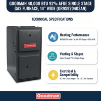 Goodman 40,000 BTU Gas Furnace 92% AFUE Single-Stage, 14" Wide, Upflow/Horizontal