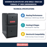 Goodman 80,000 BTU Gas Furnace 96% AFUE Single-Stage, 21" Wide, Upflow/Horizontal
