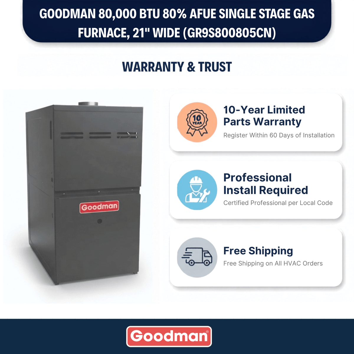 Goodman 80,000 BTU 80% AFUE Single Stage Gas Furnace, Upflow/Horizontal, 21" Wide