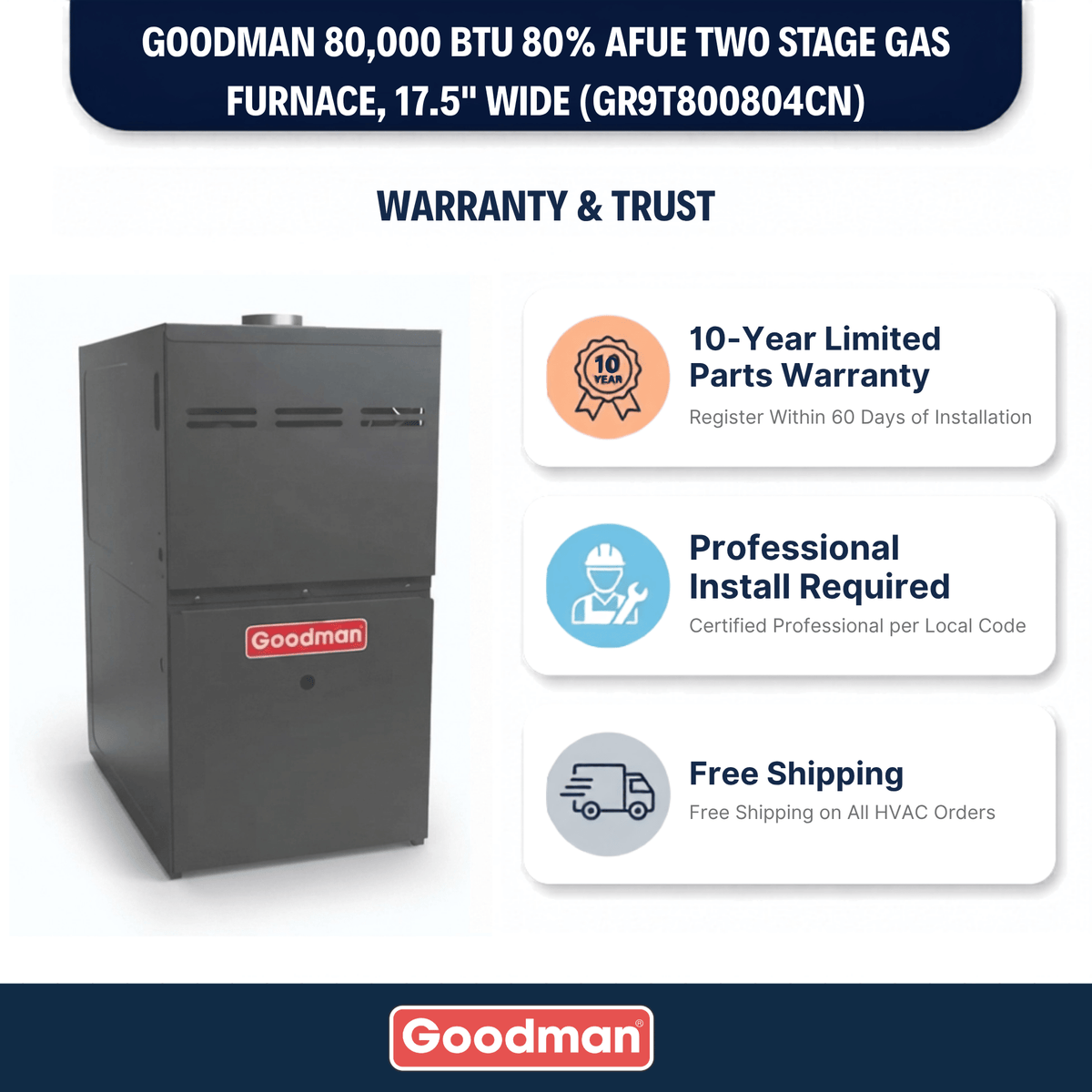 Goodman 80,000 BTU 80% AFUE Two Stage Gas Furnace, Upflow/Horizontal, 17.5" Wide