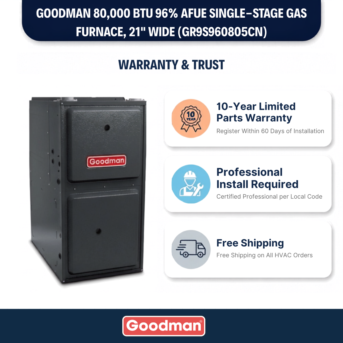 Goodman 80,000 BTU Gas Furnace 96% AFUE Single-Stage, 21" Wide, Upflow/Horizontal