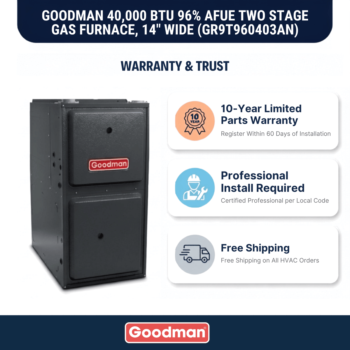 Goodman 40,000 BTU Gas Furnace 96% AFUE Two-Stage, 14" Wide, Upflow/Horizontal