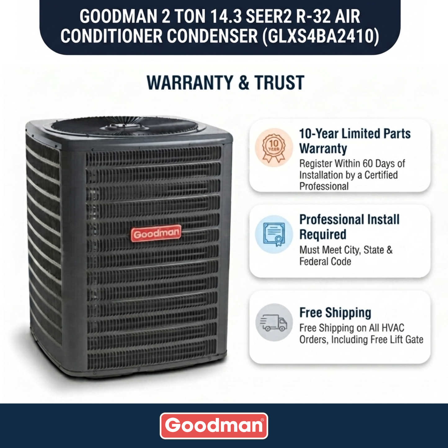 Goodman 2 Ton 14.3 SEER2 R-32 Air Conditioner Condenser