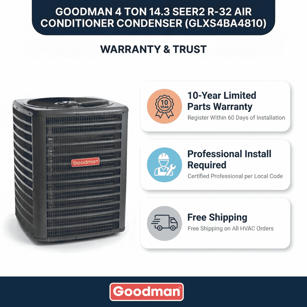 Goodman 3 Ton AC Condenser Unit 14.3 SEER2, R32