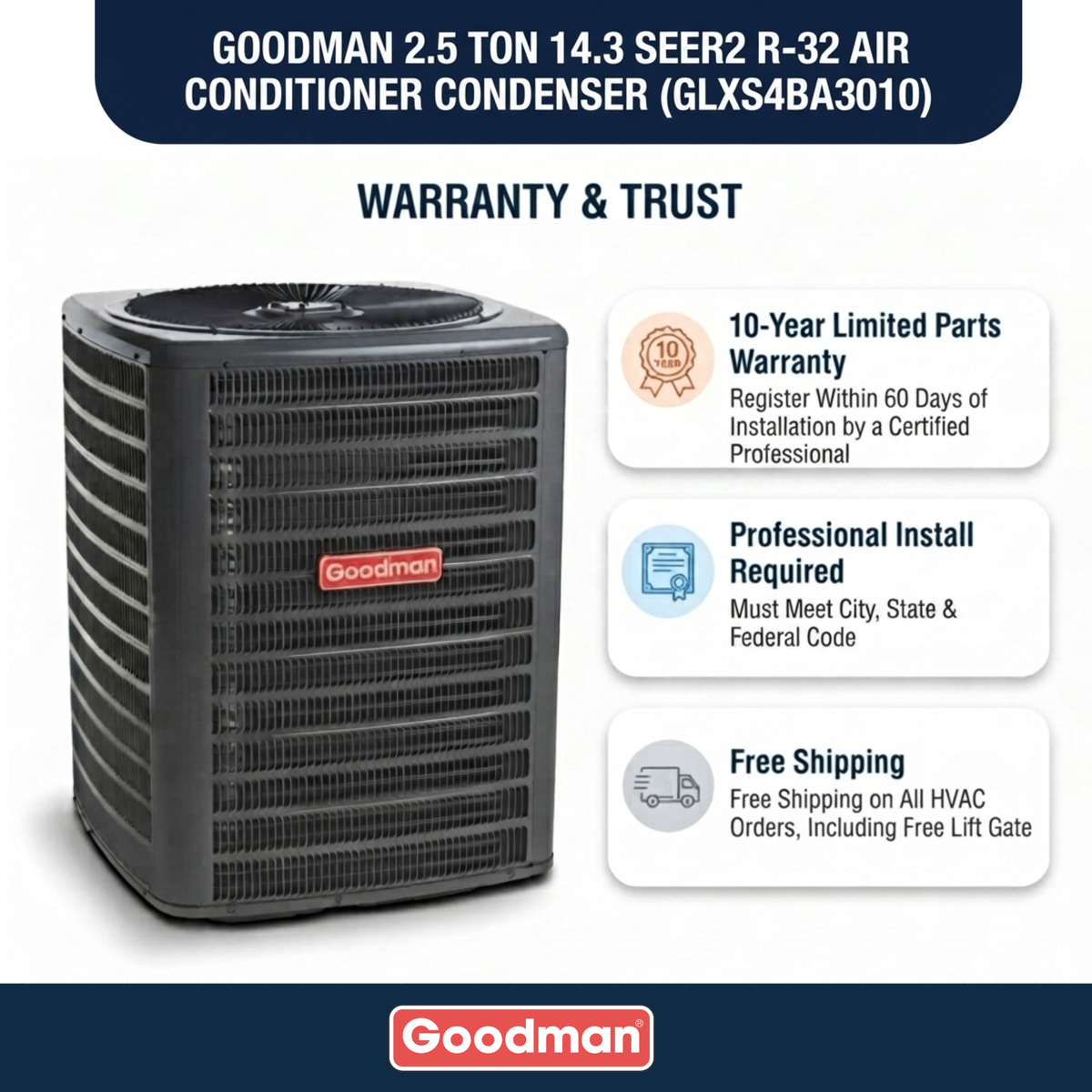 Goodman 2.5 Ton AC Condenser Unit 14.3 SEER2, R32
