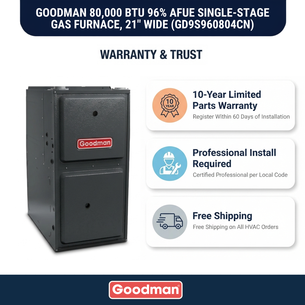 Goodman 80,000 BTU Gas Furnace 96% AFUE Single-Stage, 21" Wide, Downflow/Horizontal