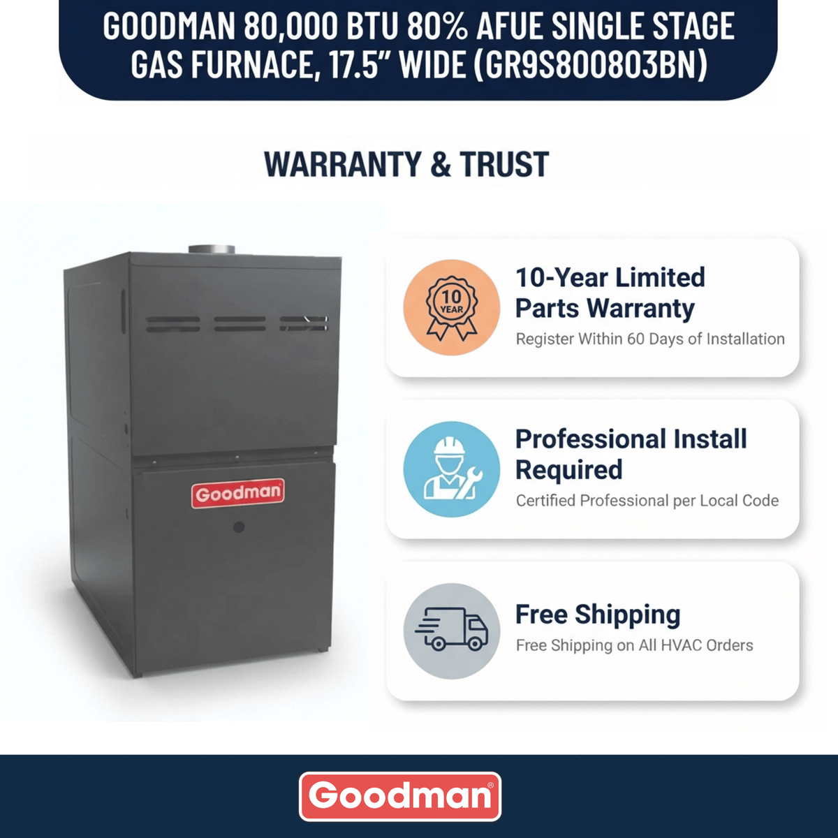 Goodman 80,000 BTU Gas Furnace 80% AFUE Single Stage, 17.5" Wide, Upflow/Horizontal